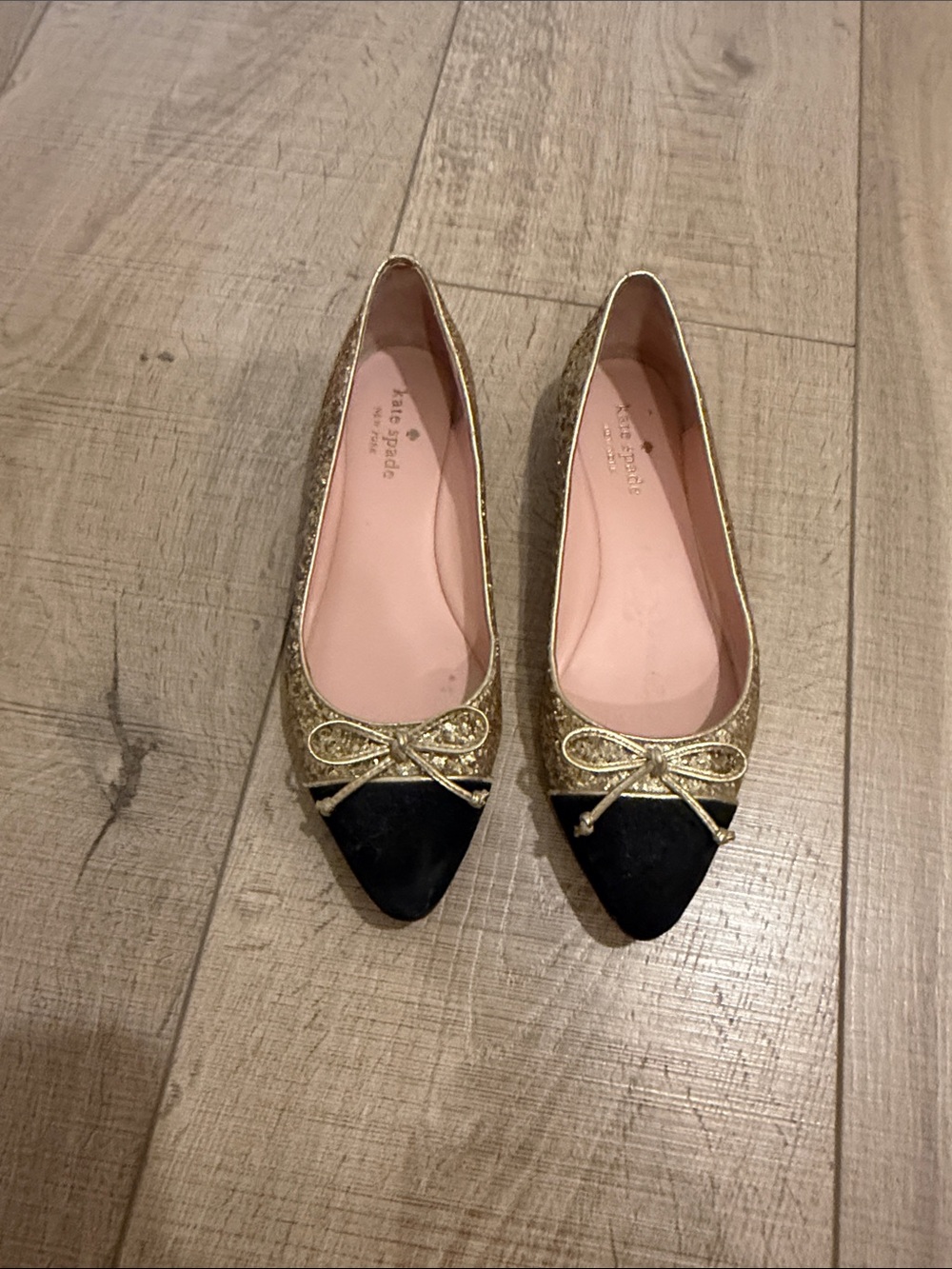 Kate Spade Gold Glitter and Black Pointed Toe Flats with Bow